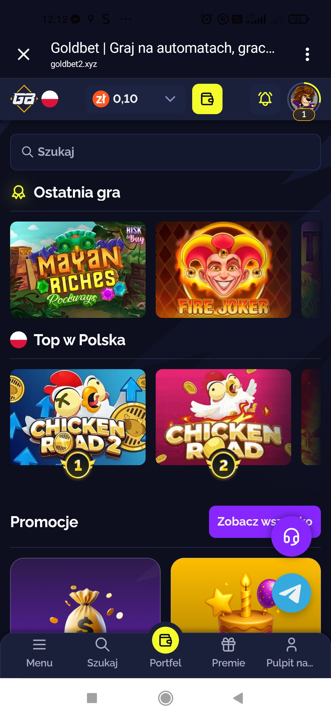 Goldbet mobile app — casino lobby with popular games
