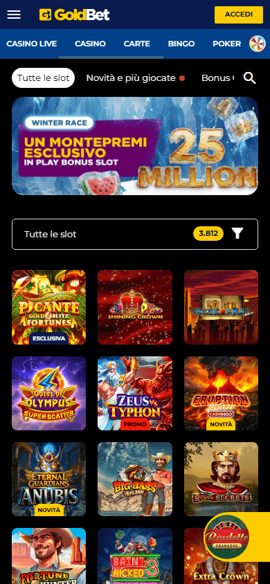 Goldbet mobile app — slots & live casino view